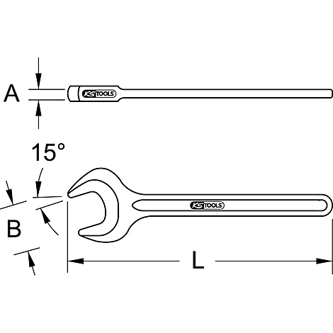 Abbildung eines Schraubenschlüssels von KS TOOLS mit Maßangaben.